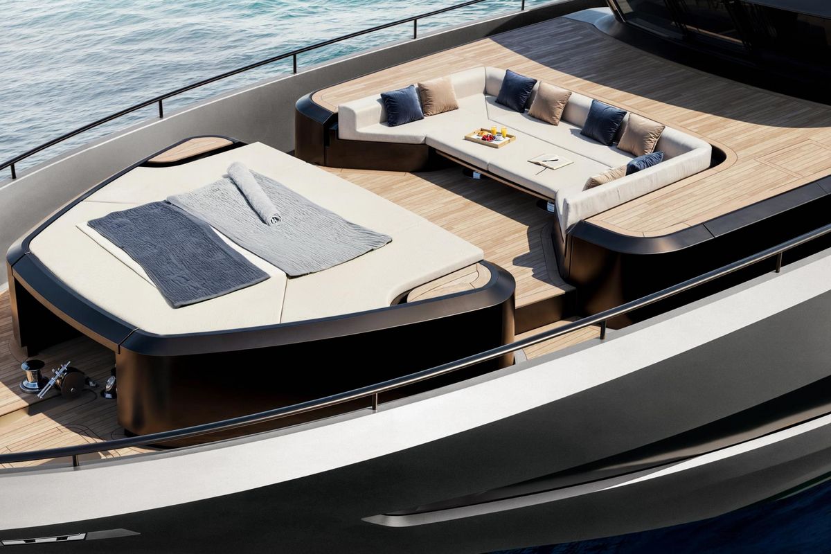 AB 110, a 2028 AB Yachts 33.7m motor yacht for sale, aerial foredeck