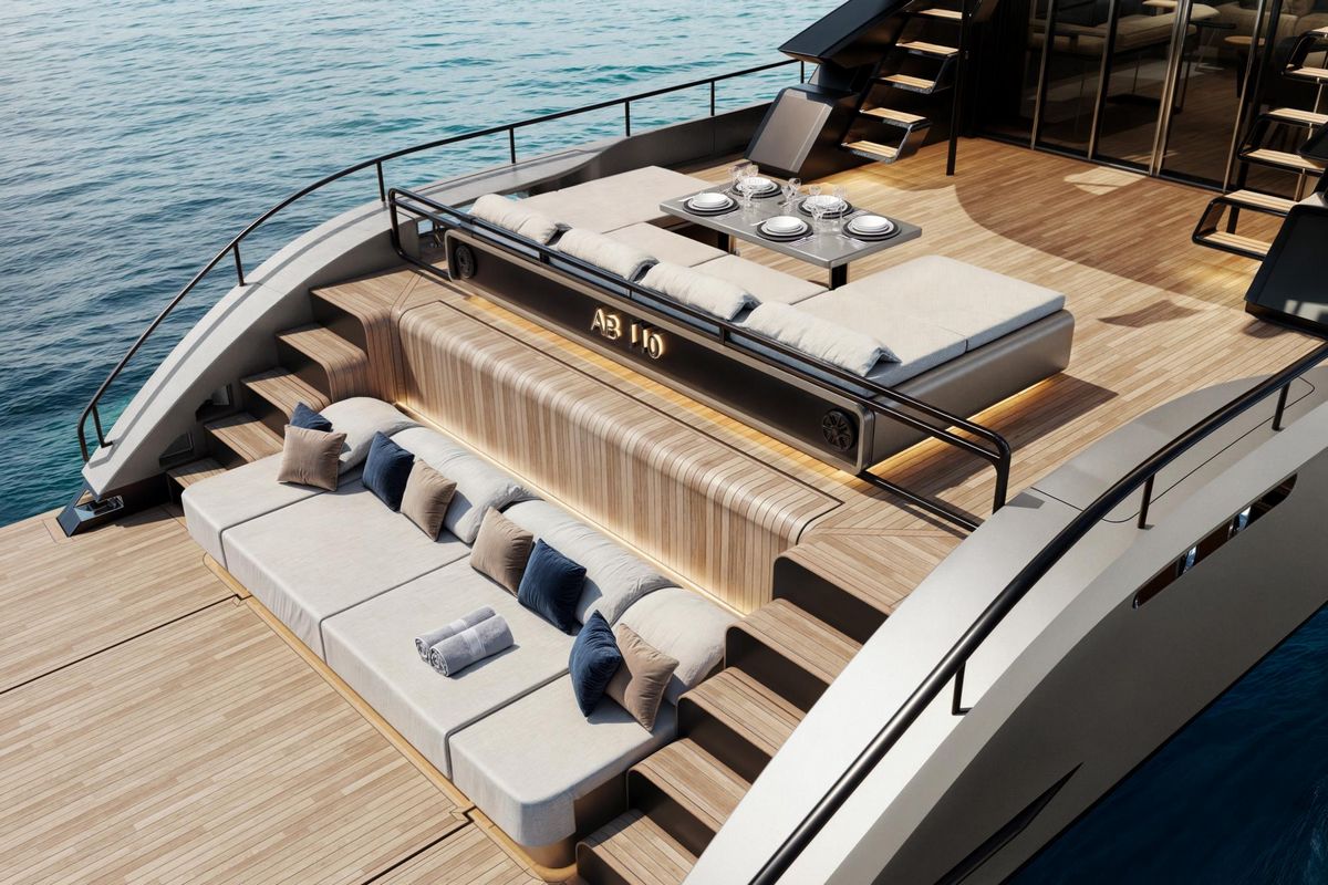 AB 110, a 2028 AB Yachts 33.7m motor yacht for sale, aerial aft deck