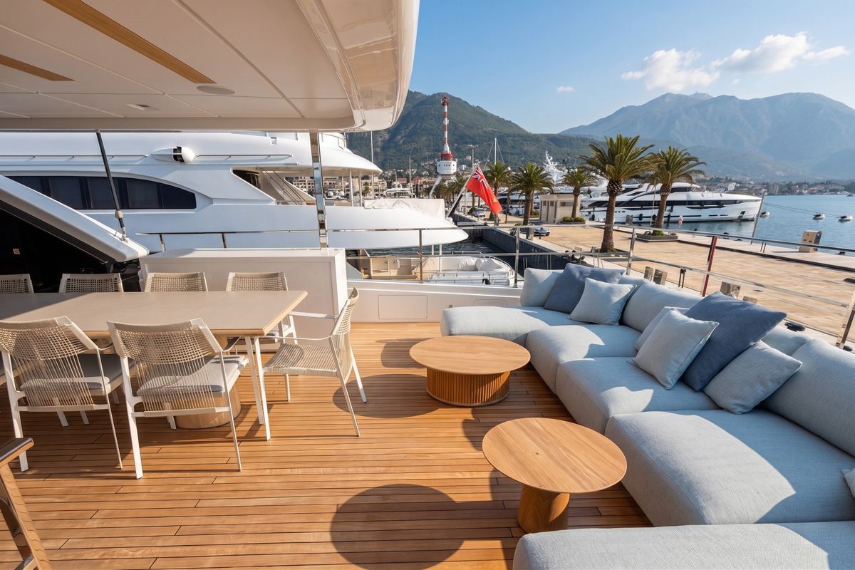 "ALBUS", a 2025 Custom Line 41.81m motor yacht for sale, aft deck dining