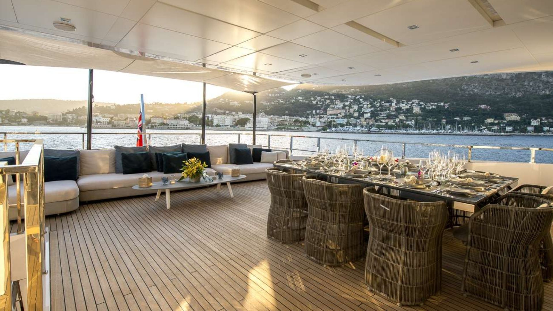 "AXIOS", a 2014 Admiral Yachts 46.55m motor yacht for charter, aft deck dining