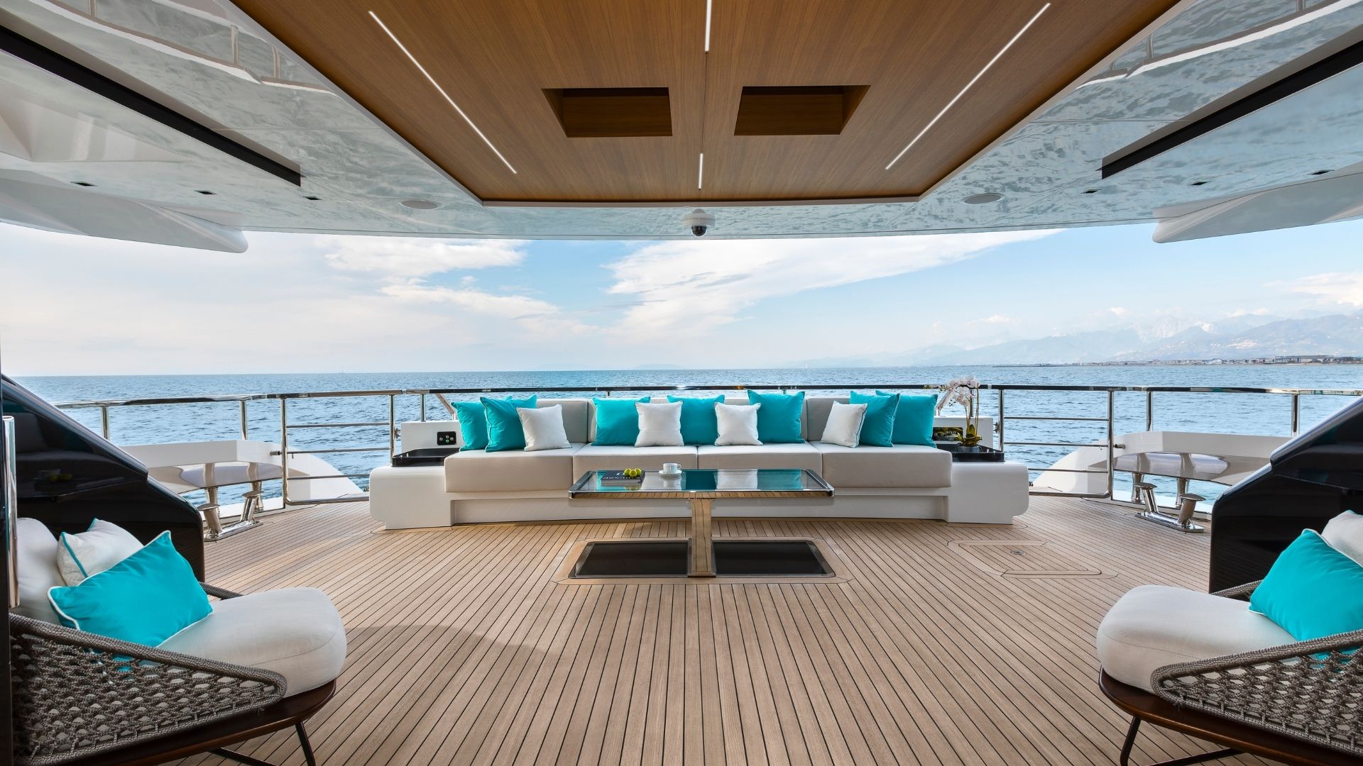 "Sanctuary", a 2018 Mangusta 43m motor yacht for charter, aft deck