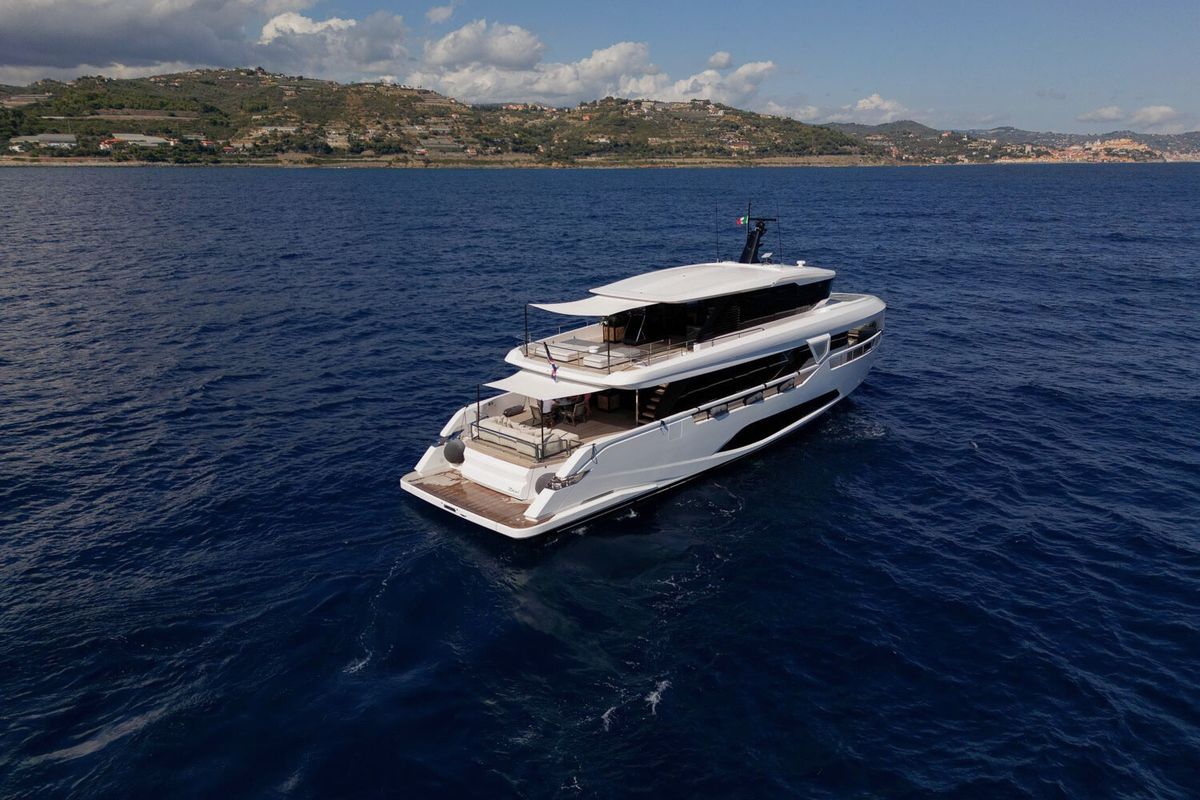 FERRETTI INFYNITO 90, a 2025 Ferretti Yachts 26.52m motor yacht for sale, at anchor
