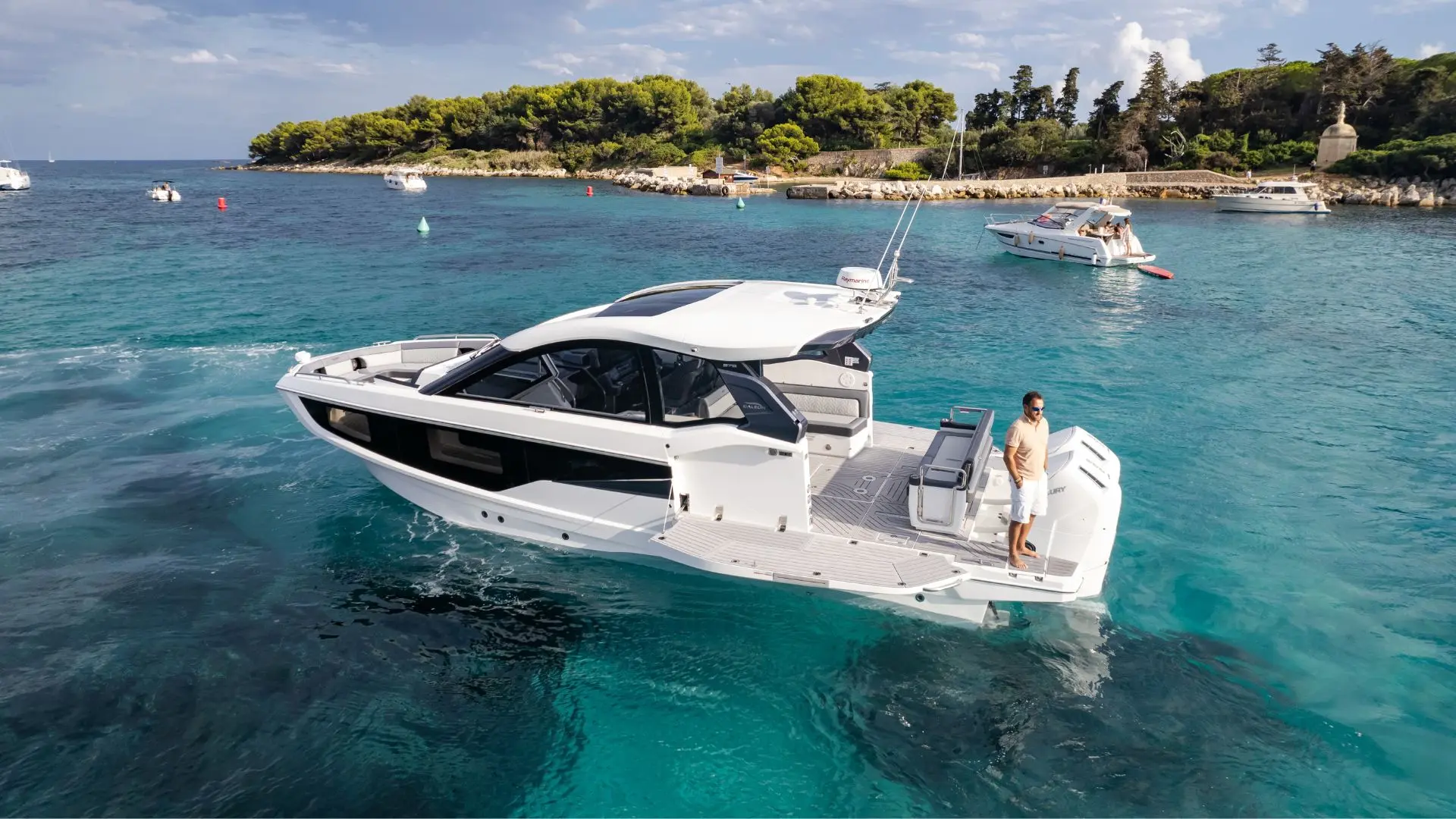 Galeon 375 GTO, a 2027 Galeon 11.5m boat for sale, at anchor