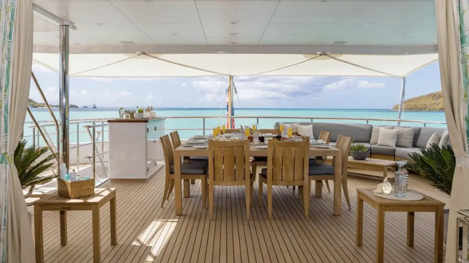"GLADIATOR", a 2010 Feadship 44.6m motor yacht for charter, aft deck dining