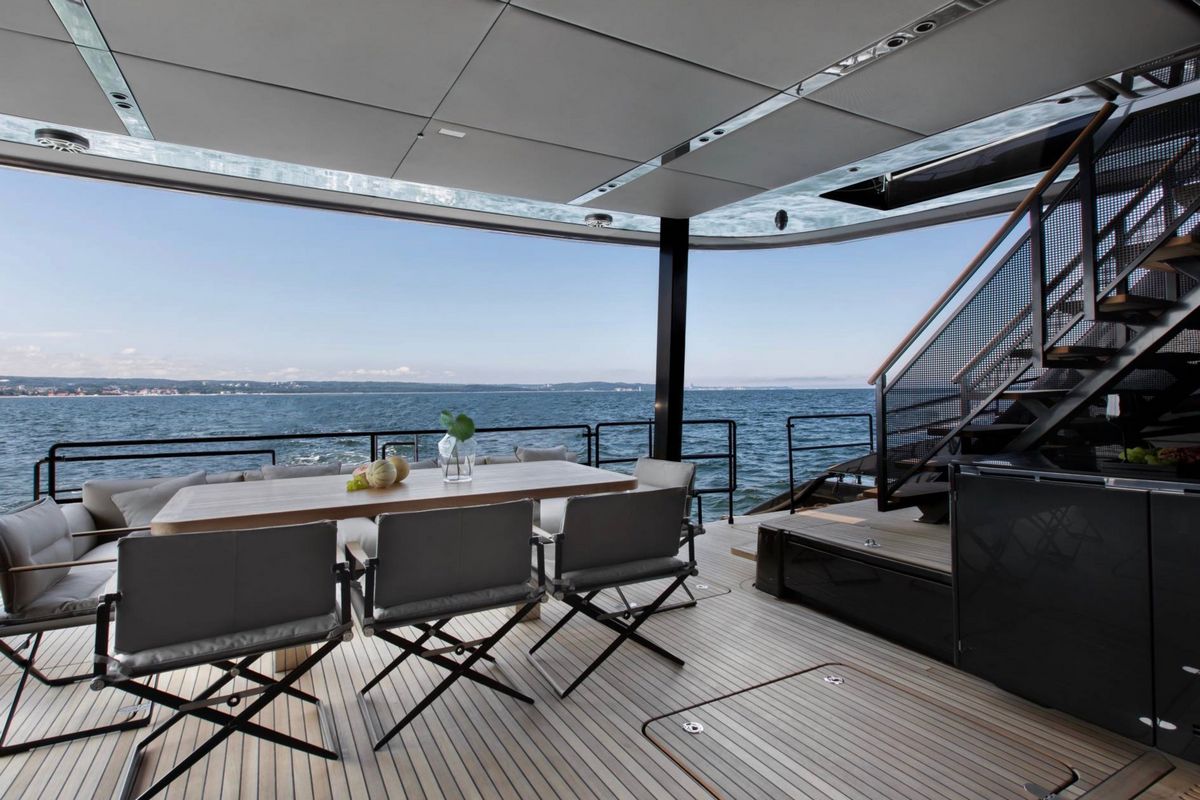 GRAYONE, a 2020 Sunreef 23.87m sailing catamaran for sale with Smart Yachts, aft deck dining