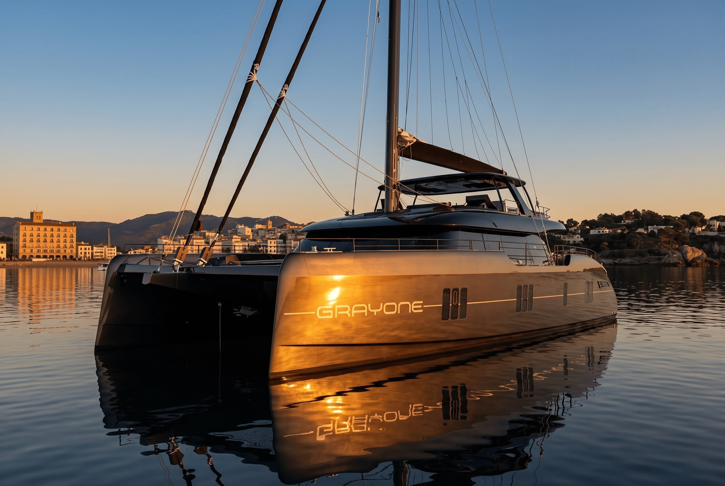 GRAYONE, a 2020 Sunreef 23.87m sailing catamaran for sale with Smart Yachts, bow at sunset