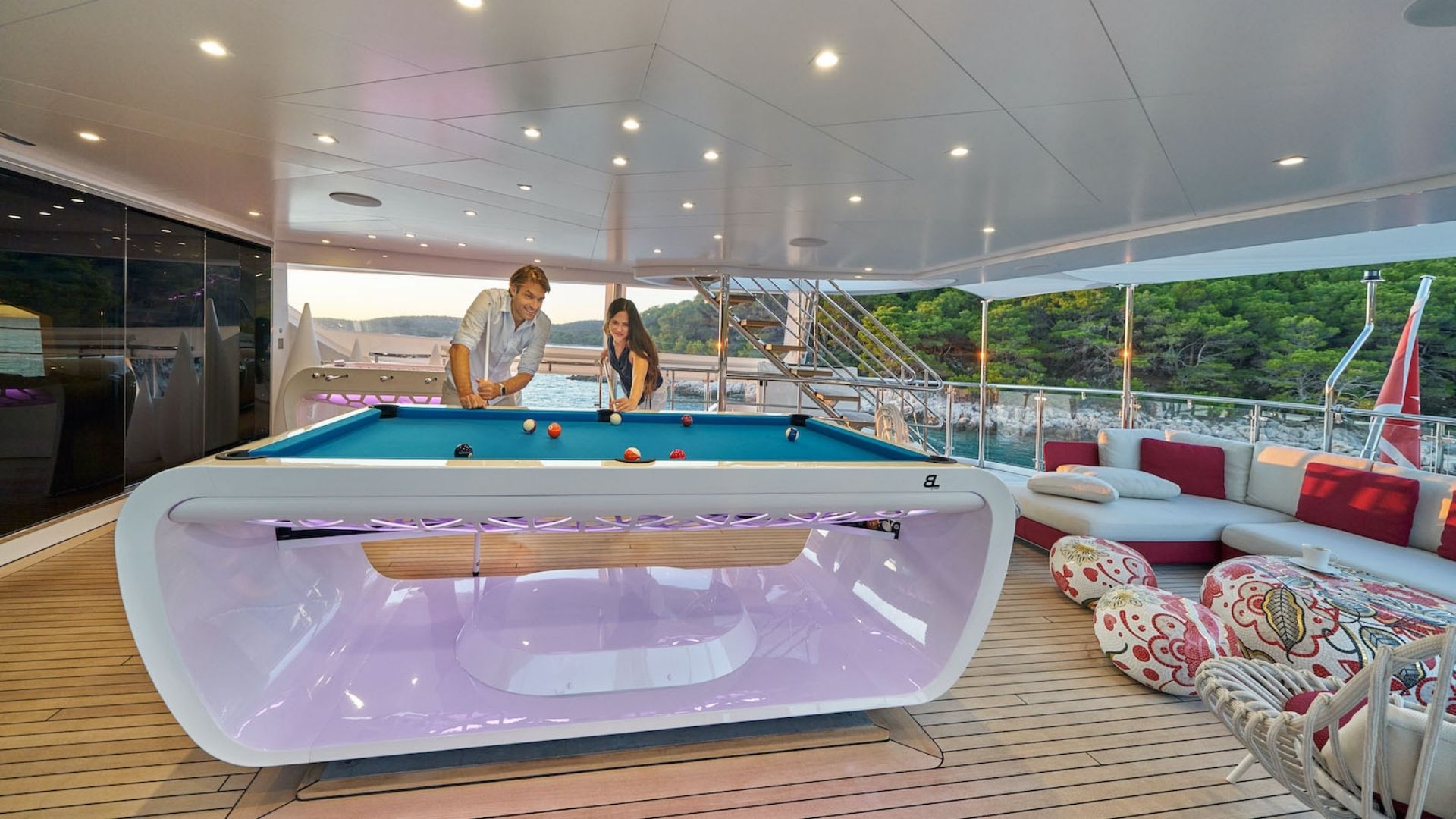 "HAPPY ME", a 2020 Benetti 40.24m motor yacht for charter, aft deck billiards