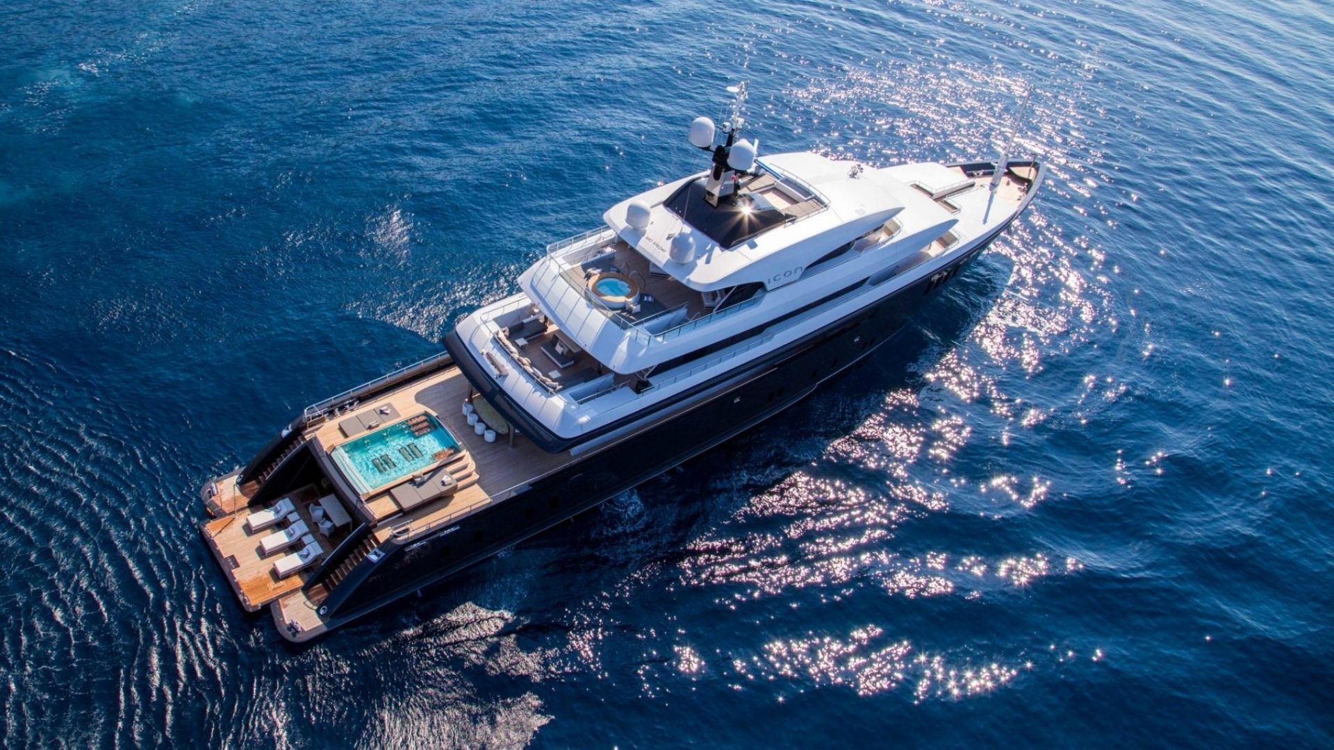 "LOON", a 2010 ICON Yachts 67.5m motor yacht for charter, aerial