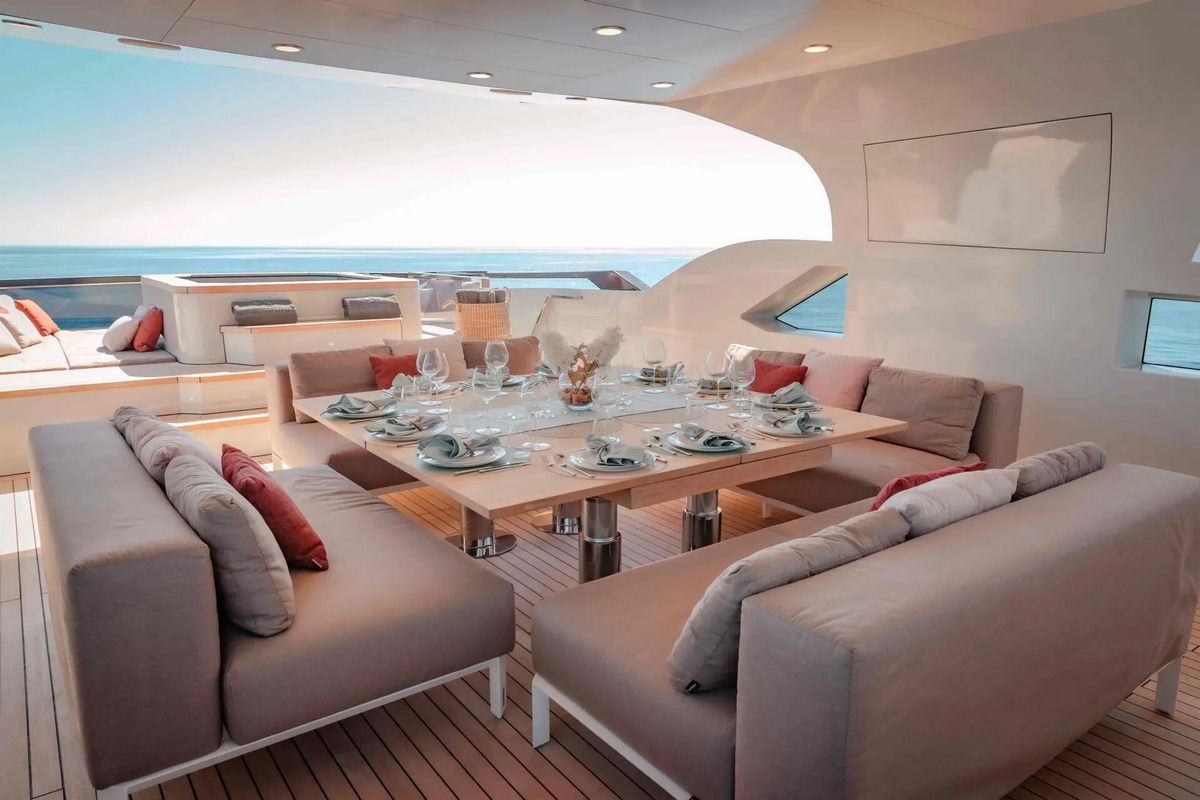 "INFINITY NINE", a 2022 Ava Yachts 35.20m motor yacht for charter, flybridge dining