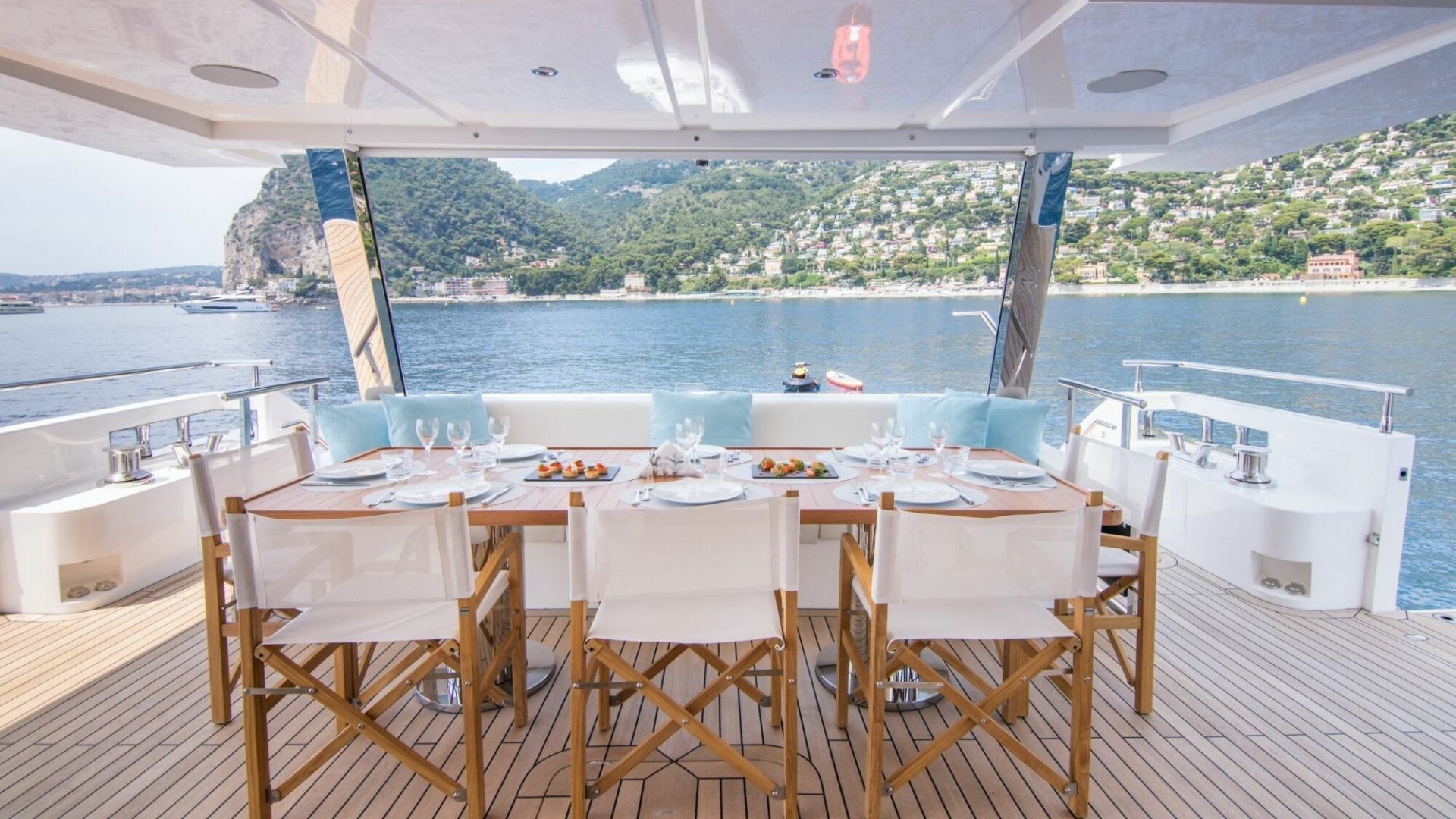 "SANTOSH", a 2020 Gulf Craft 32.1m motor yacht for charter, aft deck dining