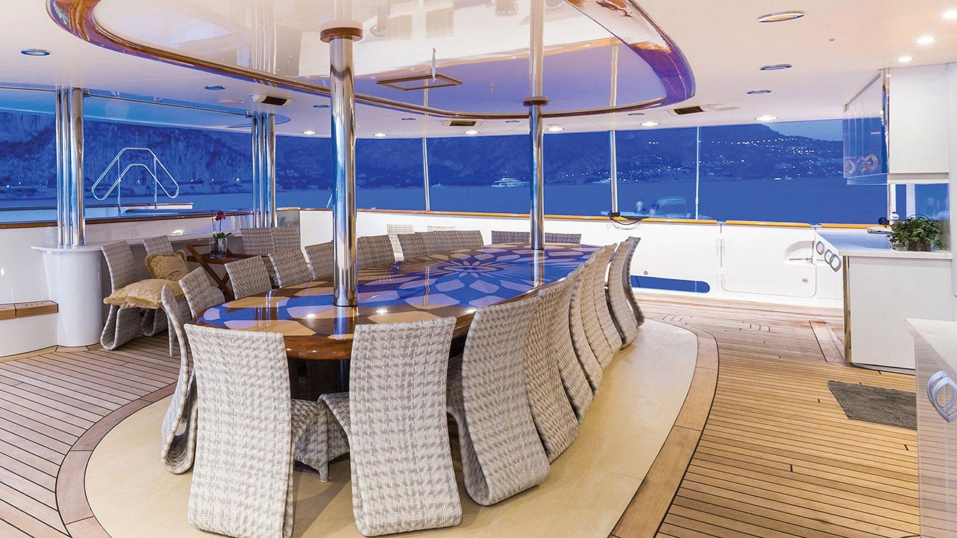 "LEGEND", a 1974 ICON Yachts 77.4m motor yacht for charter, aft deck dining