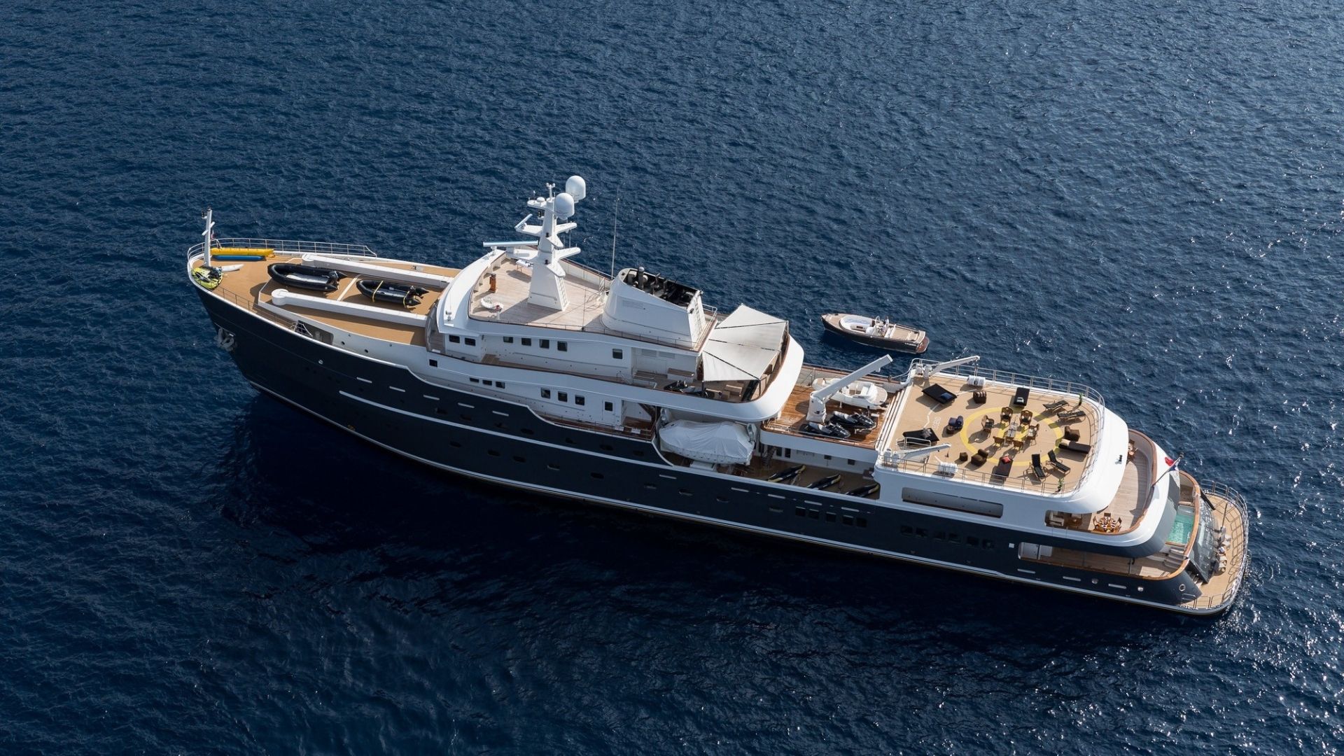 "LEGEND", a 1974 ICON Yachts 77.4m motor yacht for charter, aerial