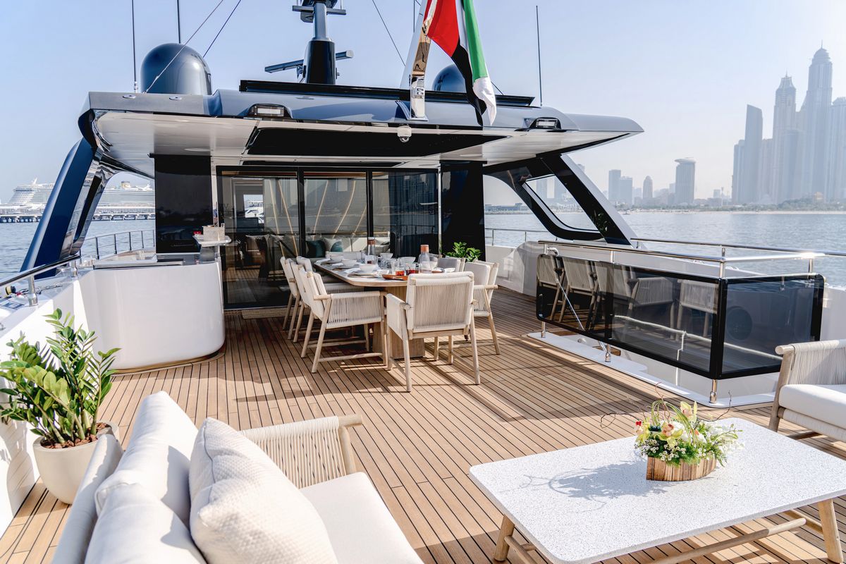 MAJESTY 100 TERRACE, a 2028 Majesty 32.25m motor yacht for sale, aft deck dining