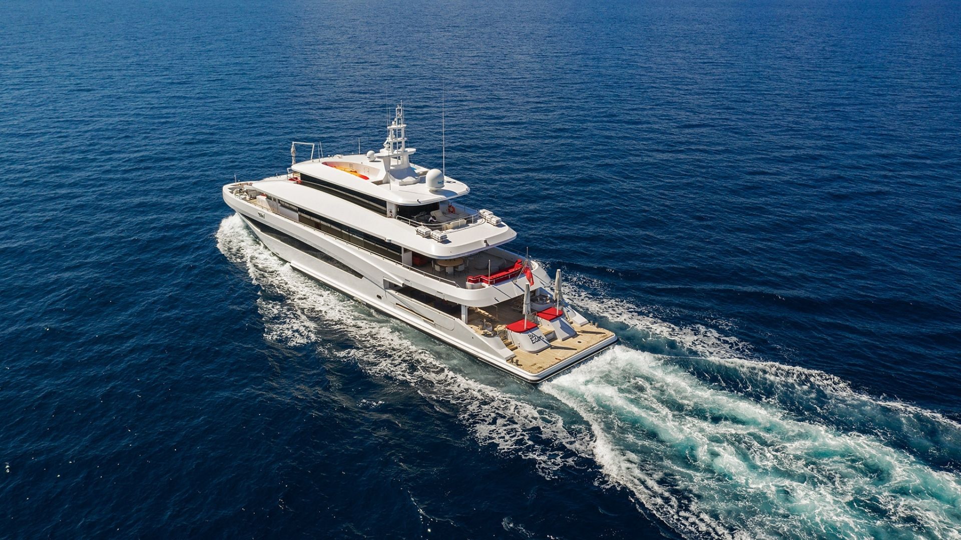 "MY EDEN", a 1999 Golden Yachts 45.5m motor yacht for charter, aerial