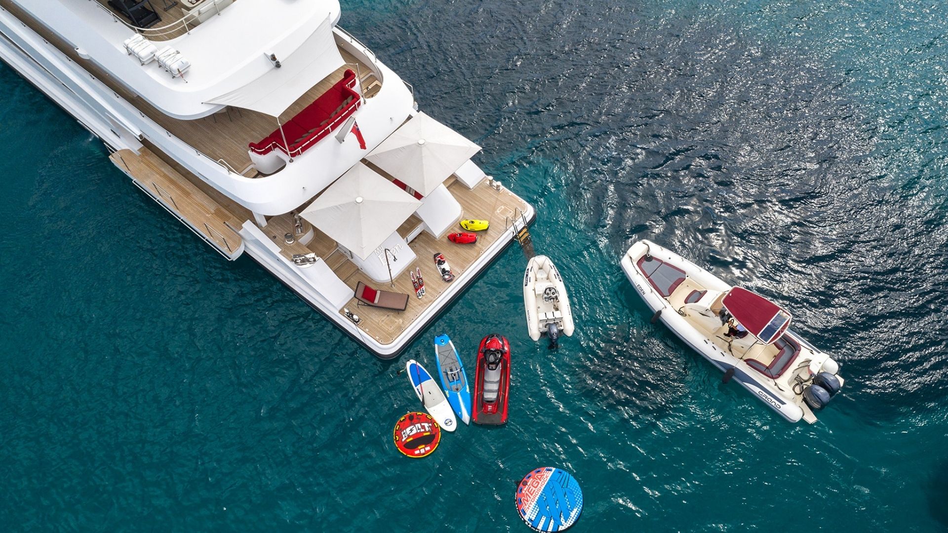 "MY EDEN", a 1999 Golden Yachts 45.5m motor yacht for charter, aerial