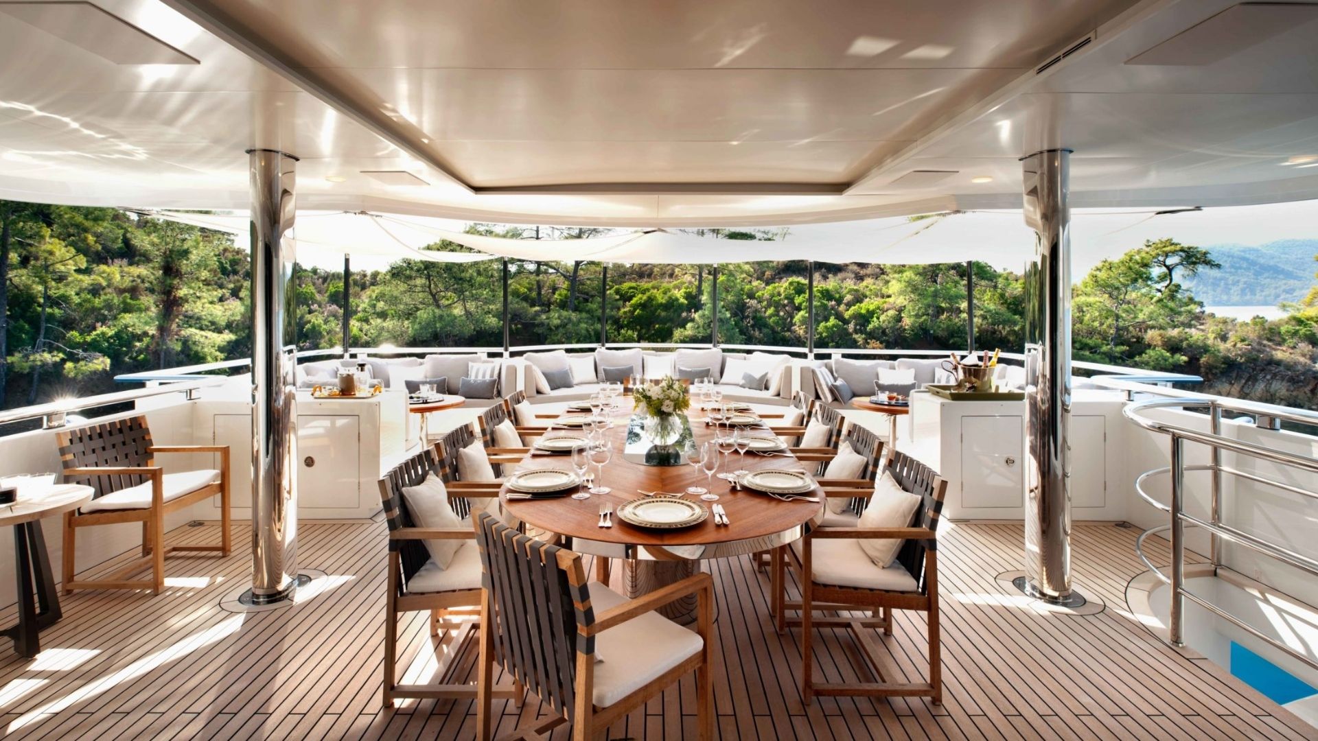 "ORIENT STAR", a 2012 CMB Yachts 47m motor yacht for charter, aft deck dining