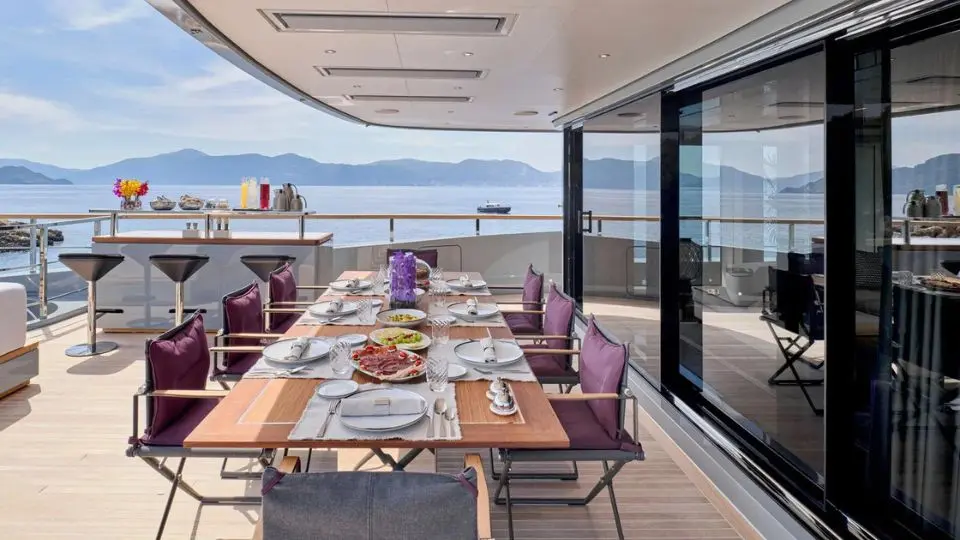 "PARA BELLUM", a 2023 Sanlorenzo 47m motor yacht for charter, aft deck dining
