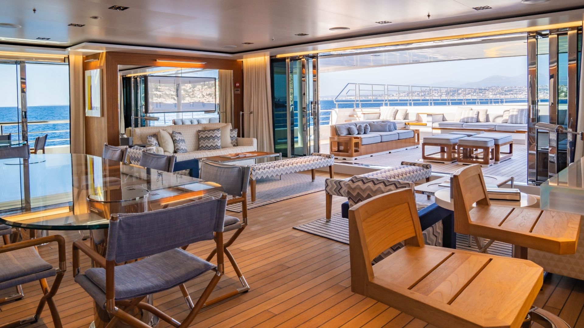 "PLANET NINE", a 2018 Admiral Yachts 73.2m motor yacht for charter, aft deck dining