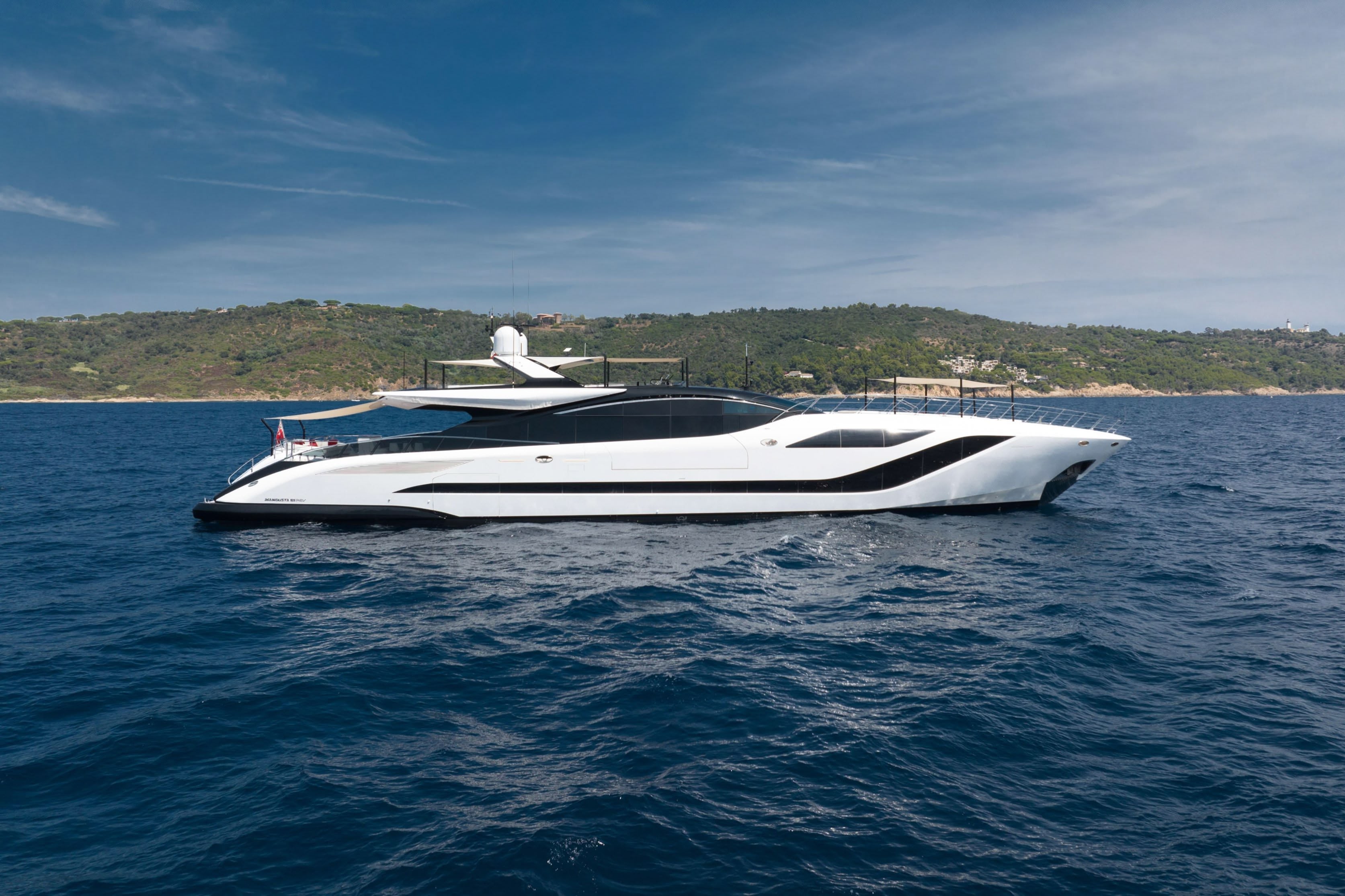 "REBELLIOUS", a 2022 Mangusta 49.9m motor yacht, for sale with Smart Yachts, profile starboard
