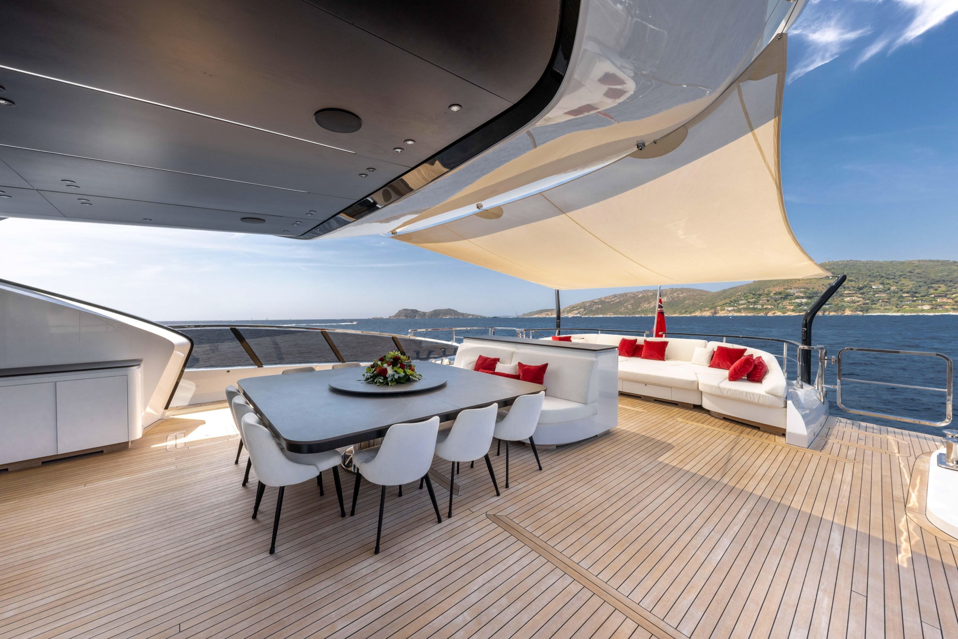 "REBELLIOUS", a 2022 Mangusta 49.9m motor yacht, for sale with Smart Yachts, aft deck dining