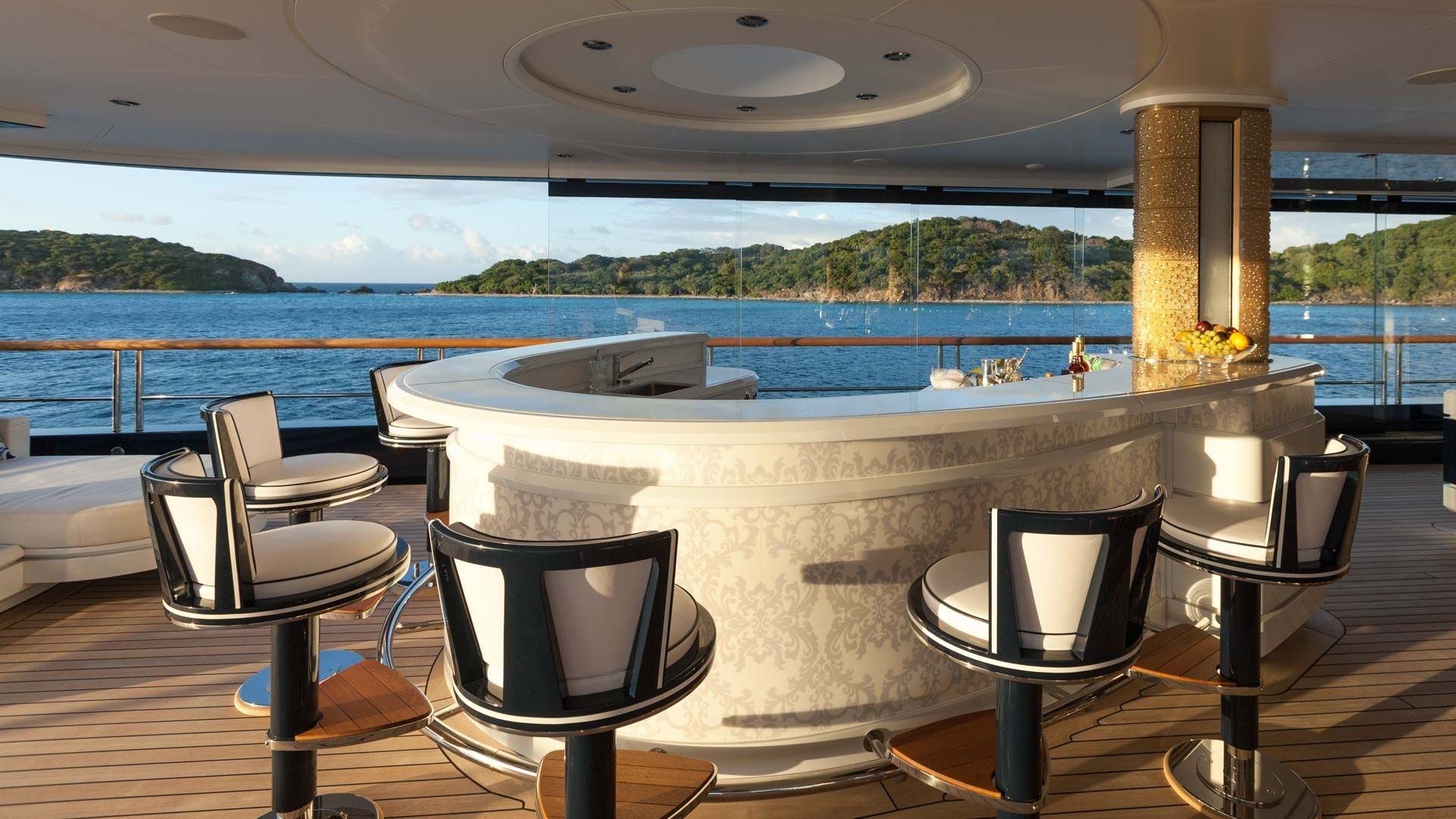 "SOLANDGE", a 2013 Lurssen 85.1m motor yacht for charter, pool deck bar