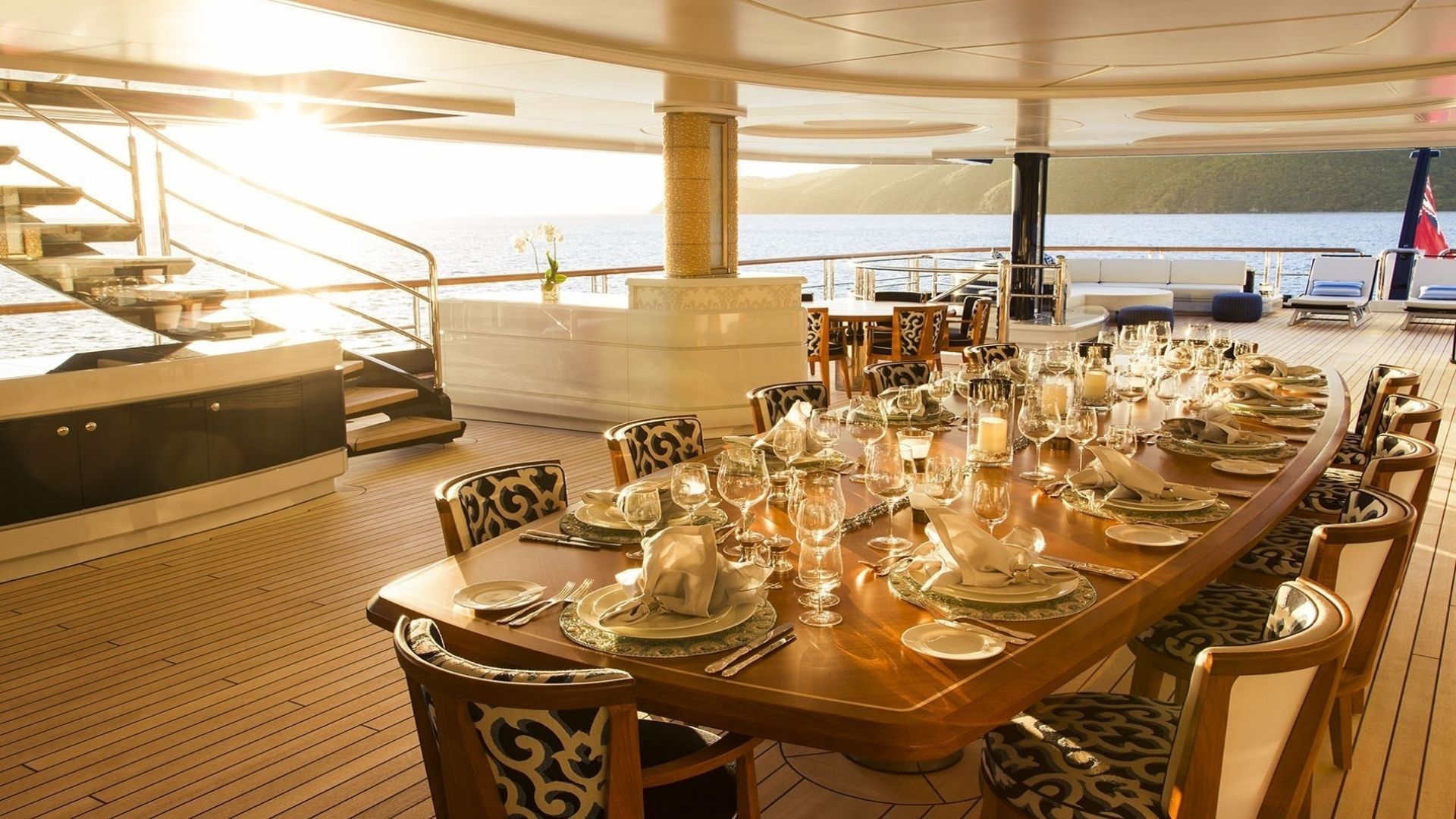 "SOLANDGE", a 2013 Lurssen 85.1m motor yacht for charter, aft deck dining