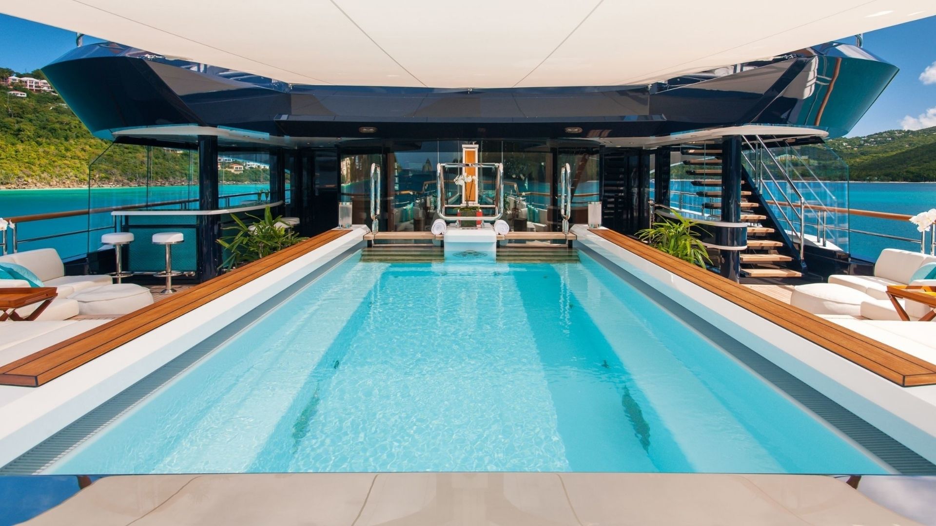 "SOLANDGE", a 2013 Lurssen 85.1m motor yacht for charter, pool deck