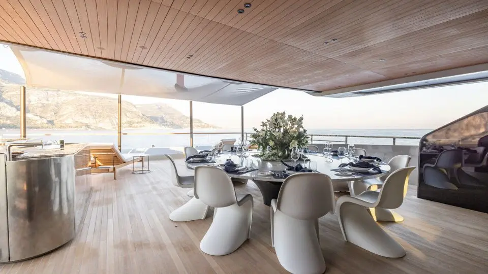 "VIRTUOSITY", a 2023 Sanlorenzo 56.5m motor yacht for charter, aft deck dining